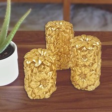 Set of 3 Floral Carved LED Candles Gold Wax Flameless Faux Pillar Candle Lights