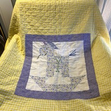 Vintage Handmade Baby Quilt Purple Floral Rocking Horse Yellow Plaid
