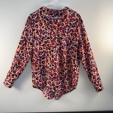 Madison Button Down Blouse Womens Large Red Blue Leopard Print Long Sleeve