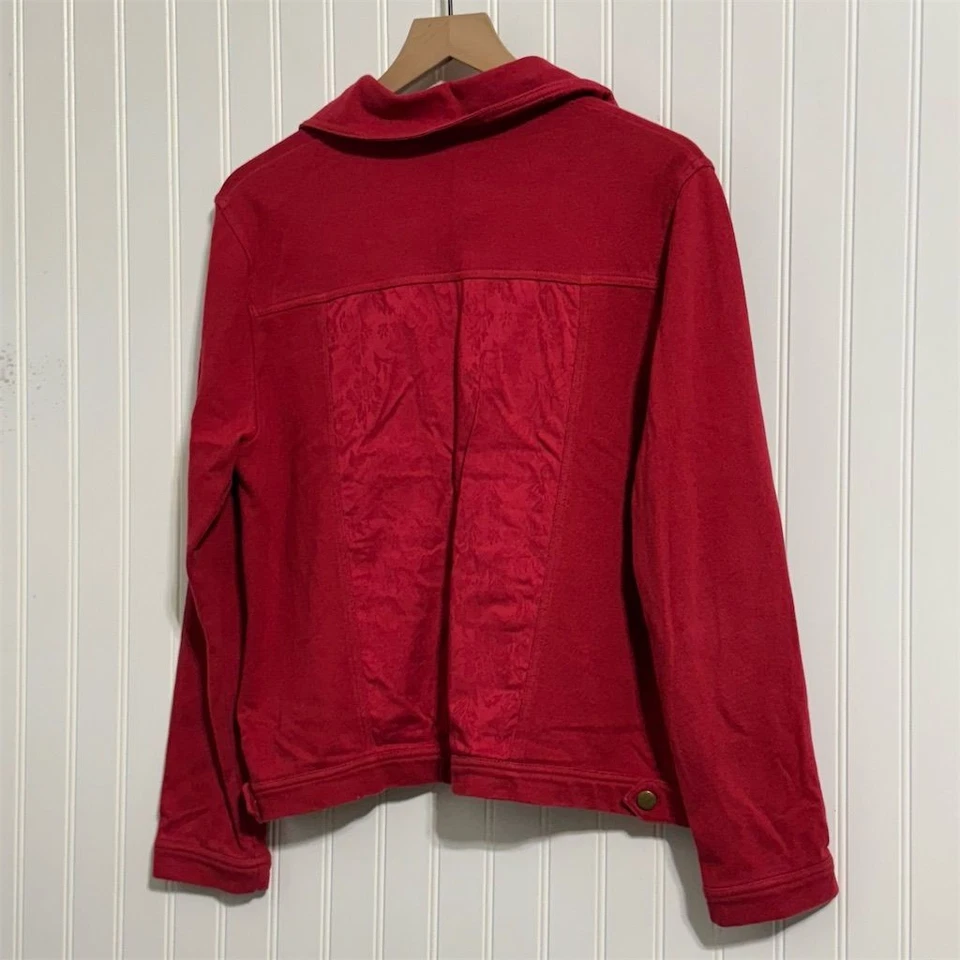 Coldwater Creek Red Knit Jean Trucker Jacket L Cotton Spandex Embroidered Panel - Image 2 of 4