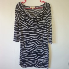 Michael Kors Zebra Print Cowl Neck Sweater Dress 3/4 Sleeve Knit Size M