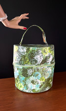 Vintage 1960s green floral hat box round vinyl top handle wig 1970s zip case