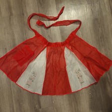 Vintage Sheer Red, White Lace Hostess Half Apron w/ Floral Print Design  pocket