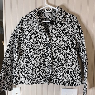 Croft & Barrow Size Large White Black Leaves Printed Cotton Blend Blazer