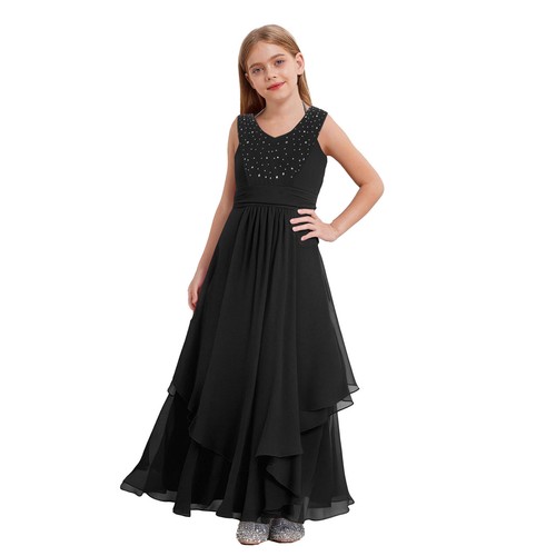 Kids Girls Dress V-neck Sleeveless Pleated Rhinestone Embellished High Waist - Picture 35 of 154