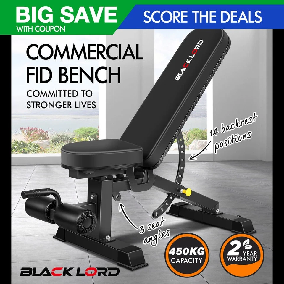 BLACK LORD Commercial Weight Bench FID Bench Flat Incline Decline Press Gym