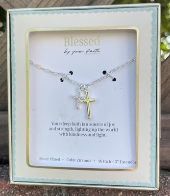 Silver Plated Cubic Zirconia Double Cross Necklace 16'' Boxed  New