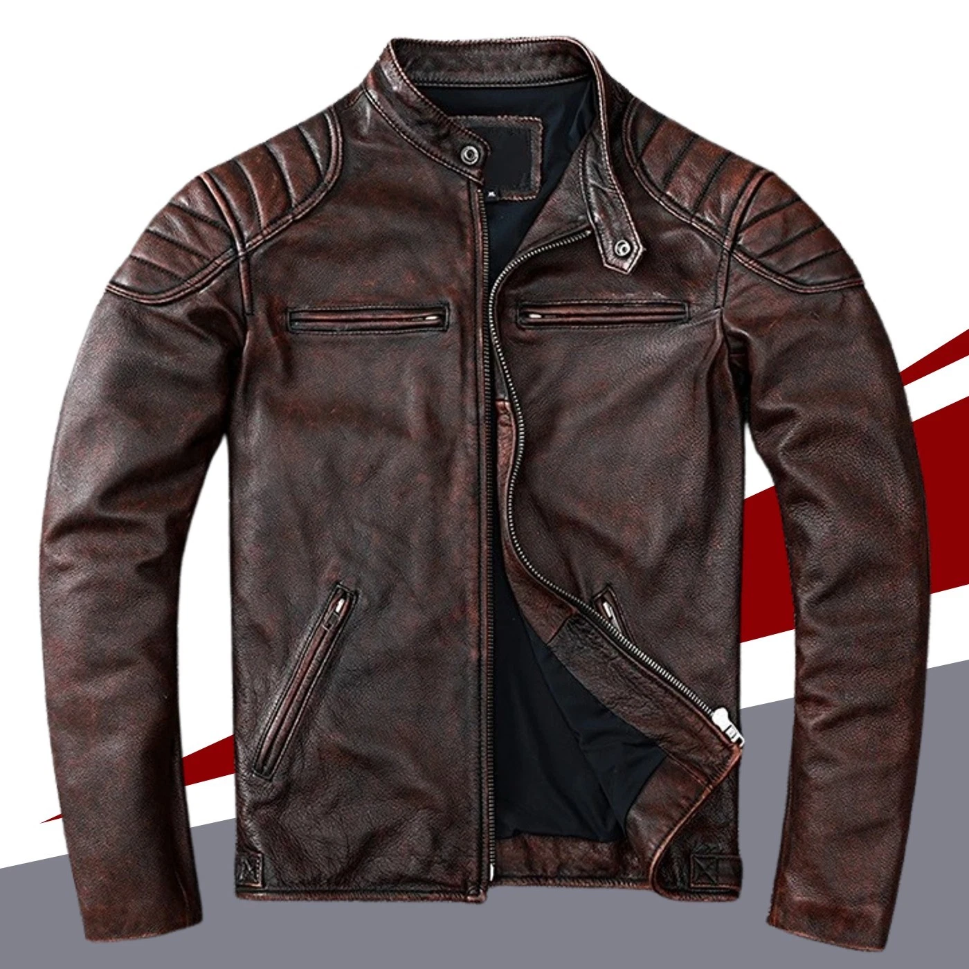 Men's Motorcycle Distressed Brown Vintage Slim Fit Biker Real Leather Jacket