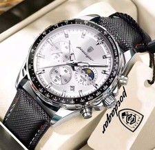 POEDAGAR Mens Chronograph Watch Black Leather Strap Waterproof Sports Quartz 