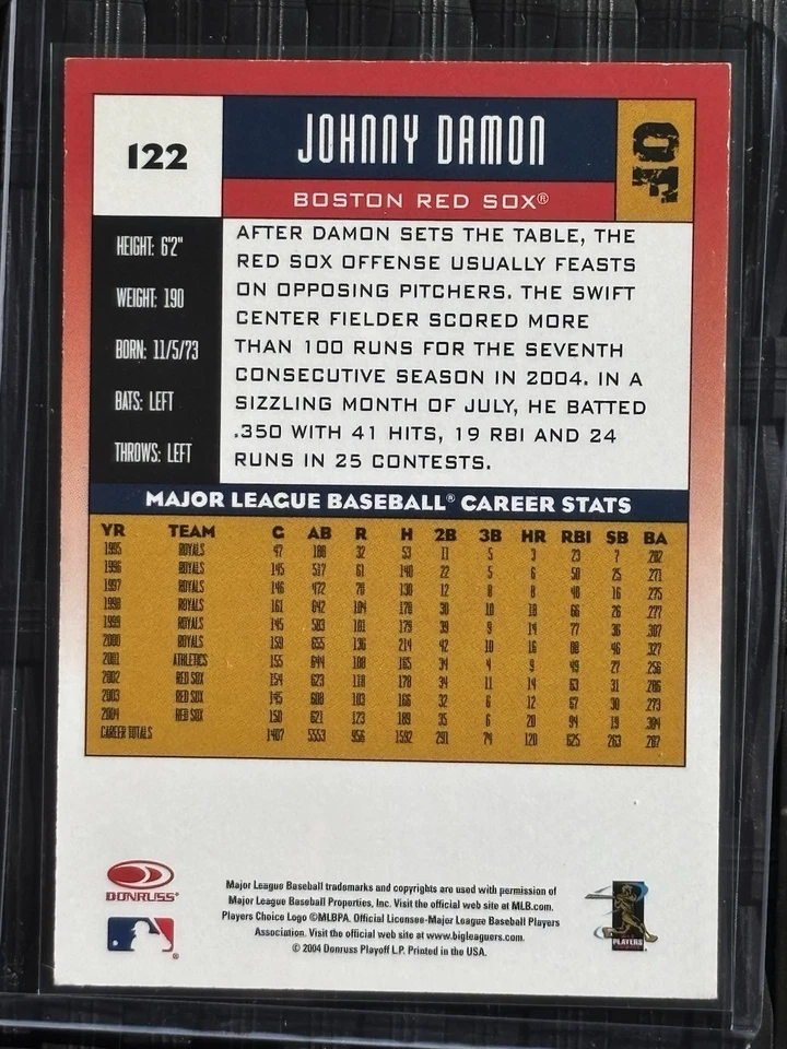 Карта Главной лиги бейсбола 2005 Donruss Johnny Damon No122 Boston Red Sox — чемпион Мировой серии 2004 года - Изображение 2 из 2