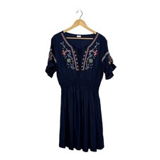 Lascana A-Line Dress Womens Size 12 Navy Blue Embroidered Floral Tassel Bohemian