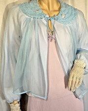 Vintage bed jacket Blue ruffle Nylon chiffon Collar 3/4 sleeve 60s Gen Tex robe