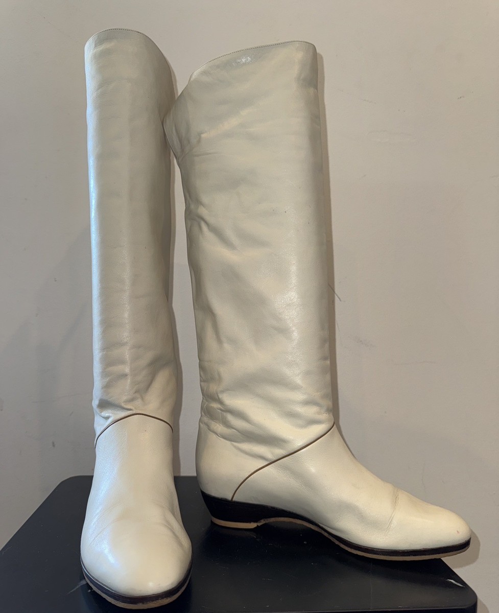 Vtg Sz 8 Italian Creamy White 70s 80s Boots Quality! Leather