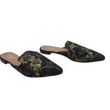 Franco Sarto Russo Brocade Mule Flats 9.5 Black Gold Floral Pointed Toe Women's