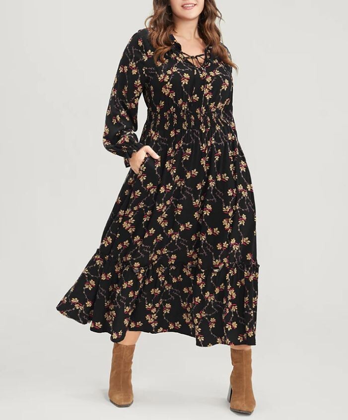 FLORAL APRON DRESS ブラック Blanca Floral Print Tie-Front Maxi Dress | Tadashi Shoji