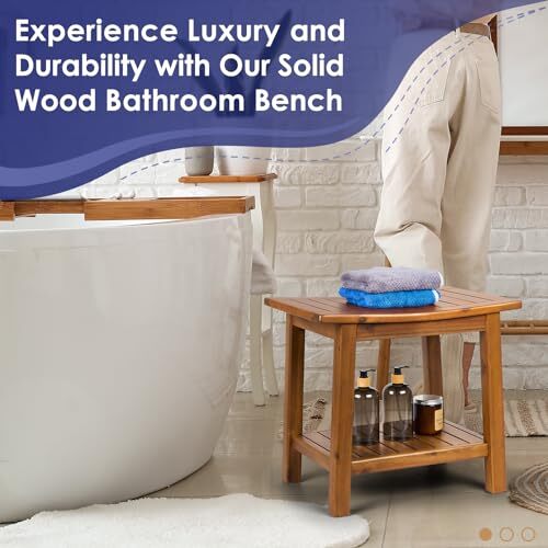 Teak Shower Bench, 20" Solid Wood Shower Stool Waterproof Shower