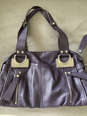 B. Makowsky Purple Pebble  Leather East/West Zip Top Satchel Silver Hardware.