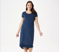  H by Halston Hi-Low Knit Midi Dress w/ Woven Detail-Hthr Navy-Large A353771 NEW