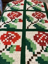 Handmade Quilt Patchwork Cotton Floral Throw Pixelated Flower Red Green