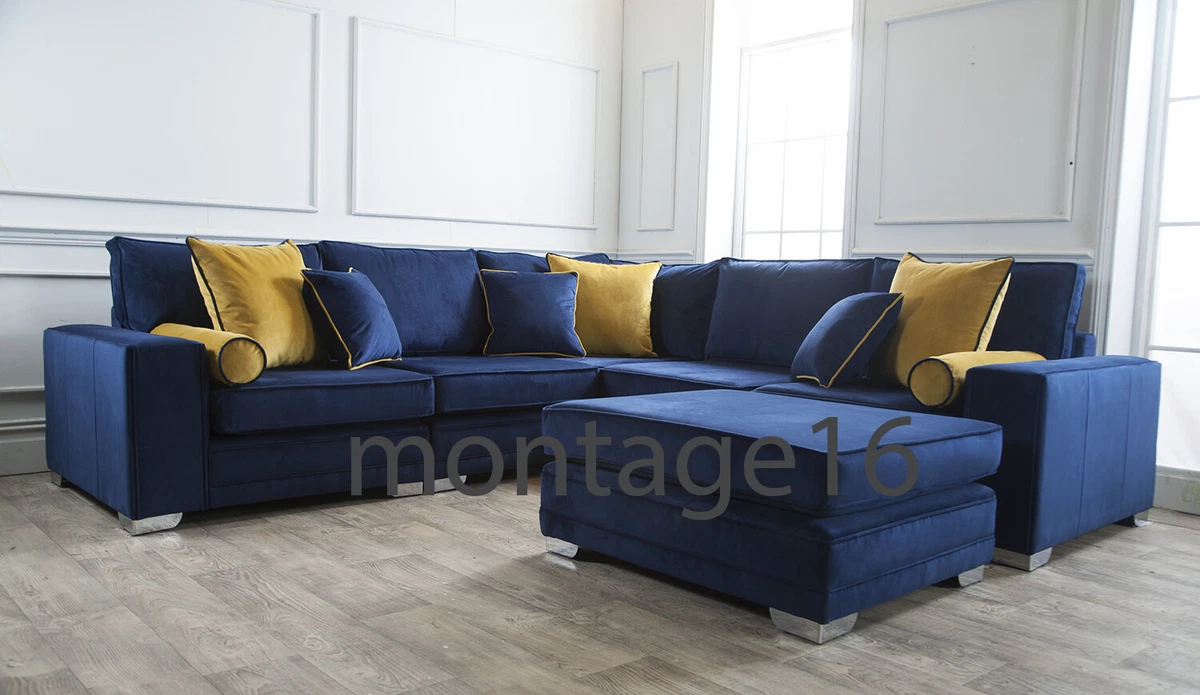 Valencia Modular Blue Yellow Velvet Modular Corner Sofa Footstool colours