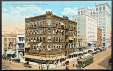 Howard & Riverside Spokane WA Busy Corner Streetcar Vintage Postcard