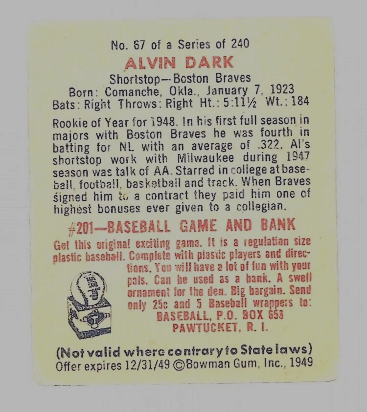 Tarjeta autografiada firmada por el novato Bowman Dark 1949 #67 Foto 2 de 2