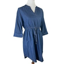 Sauci Blue Denim Faux Drawstring Waist V-Neck Shirt Dress Lightweight Womens M