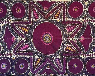 OLD CENTRAL ASIAN UZBEK  SILK EMBROIDERY SUZANI WALL DECORATION