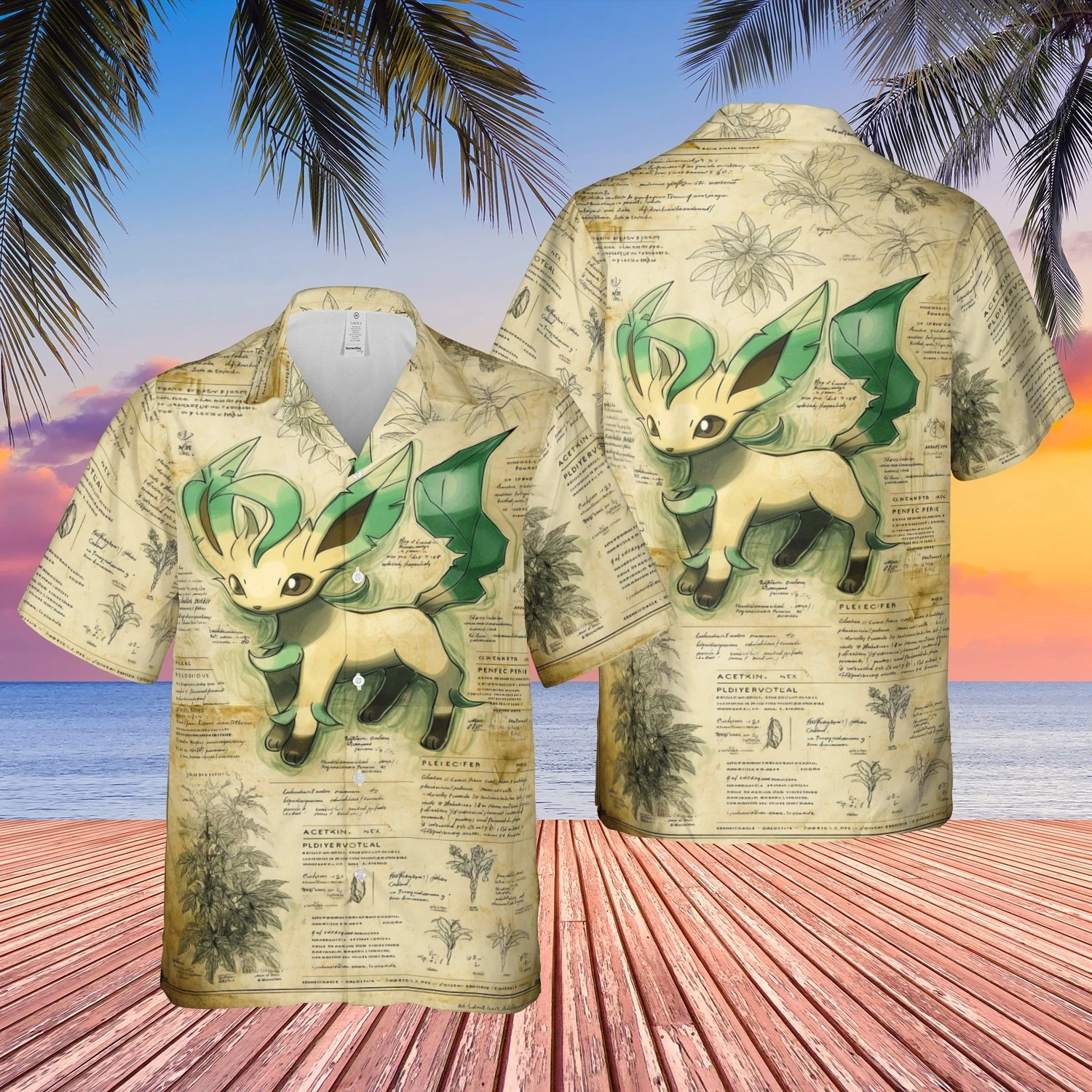 Mythical Forest Creature Aloha Shirt - Ancient Herbal Scroll Graphic Print Beach