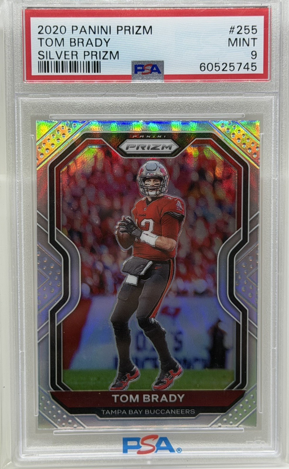 2020 PANINI PRIZM TOM BRADY, #255, SILVER BASE PRIZM, GRADED PSA MINT 9, GOAT