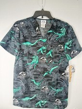 Jurassic World Tooniforms Scrub Top Unisex V Neck Shirt Movie Green Dinosaur XS.