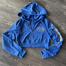 Ed Hardy Medium Women s Cropped Zip Hoodie In Blue Dragon Design on Back