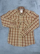 Levis Shirt Mens Medium Orange Plaid Modern Pearl Snap Button Western Cowboy