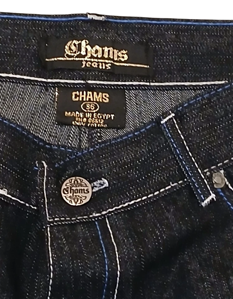 Y2K Chams Jeans Men 36 Dark Blue Wash Bootcut Denim Contrast Stitching/Pockets - Image 3 of 4