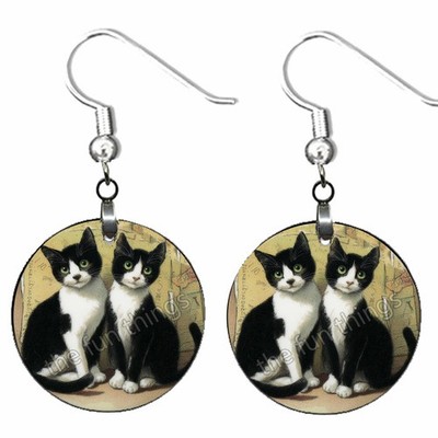 Vintage Pair Black White Tuxedo Cats Earrings Dangle Cat Mom Jewelry Gifts