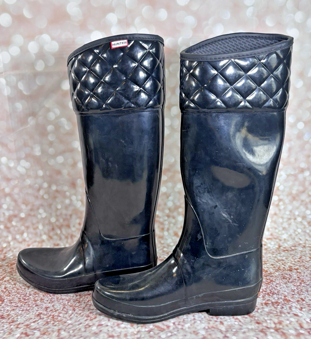 Hunter Original Tall Gloss Quilted Women's Rain Boots - Black, 9 US
