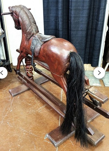 Antique Wooden Gliding Horse with Leather Saddle and Stirrup real horse hair  