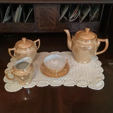 Vintage Japanese Hand Painted Blue & Peach Iridescent Lusterware Tea Set 8 piece