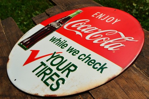 enjoy coca-cola embossed button tin metal sign - ice cold coke