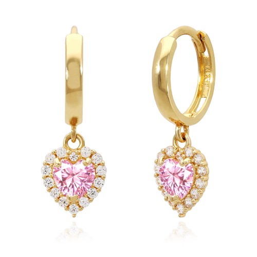 14K Yellow Gold Halo Heart Birthstone CZ Huggie Earrings - Picture 47 of 61