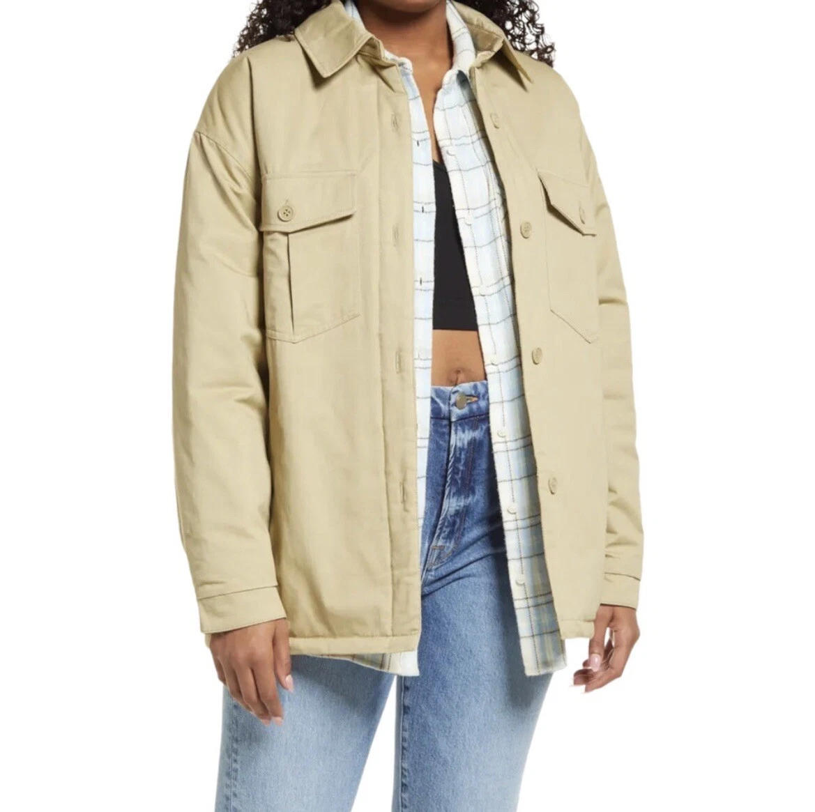 BP Nordstrom Quilt Lined Button-Up Shacket Shirt Jacket Tan Grove Large NWT  | eBay