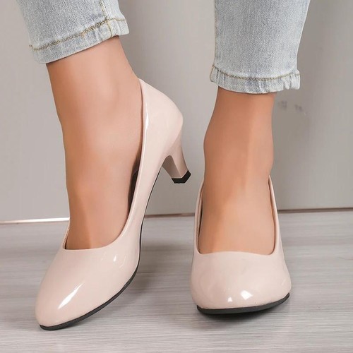 Scarpe da donna decolte tacco grosso basso punta tonda slip on scarpe eleganti da sposa UK - Foto 1 di 33