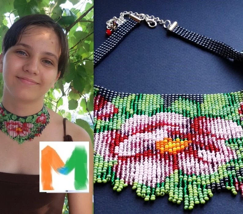 Brincos de colar tradicionais ucranianos americanos feitos à mão com miçangas boho - Imagem 2 de 4