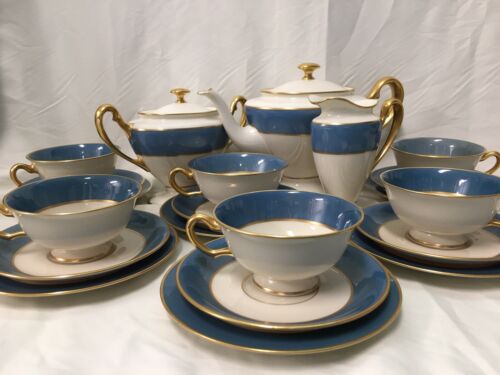 (21) 1906-1930 Rare Blue LENOX Footed TEA/DESSERT SET -Gold Trim #046D - Picture 6 of 12