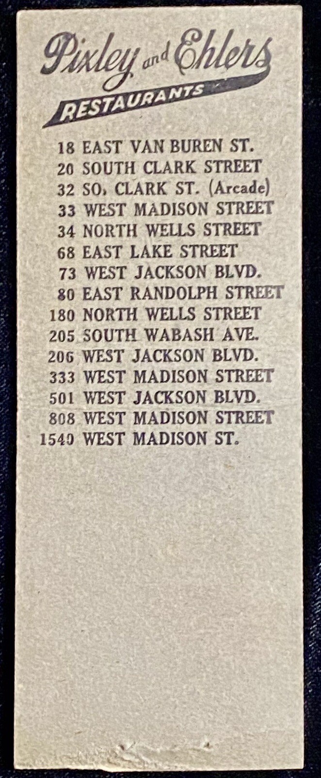 PIXLEY And Ehlers Holiday Chicago IL Vtg Front Bobtail Matchbook Cover