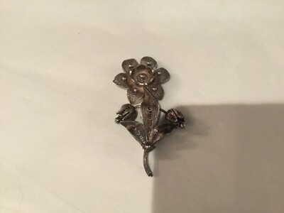 ANTIQUE AUTHENTIC STERLING SILVER FILIGREE FLOWER BROOCH PIN MUST SEE NO RESERVE