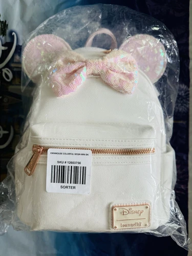 Disney Minnie Mouse Iridescent Pink Colorful Sequin Bow Loungefly Backpack New