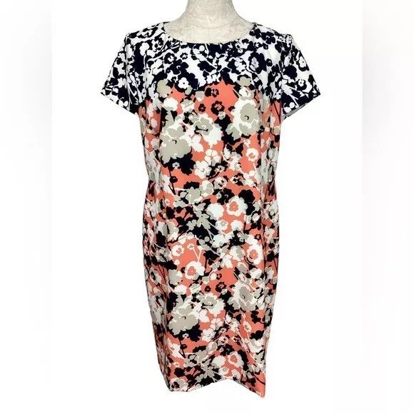 Hugo Boss Donisa Sheath Dress sz 12 Orange Tan Navy Stretch Woven Floral