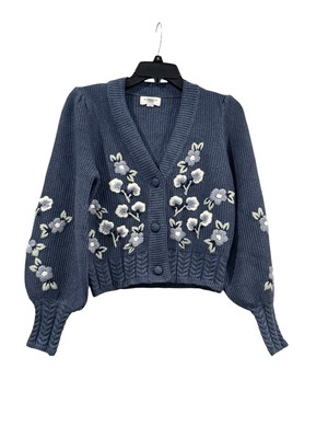 Women s Allison New York Blue Floral Knit Button Up Cardigan: Small