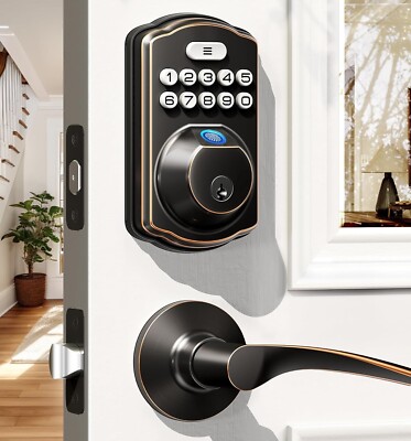 Veise Fingerprint Keyless Entry Door Lock with 2 Lever Handles, Deadbolt Bronze